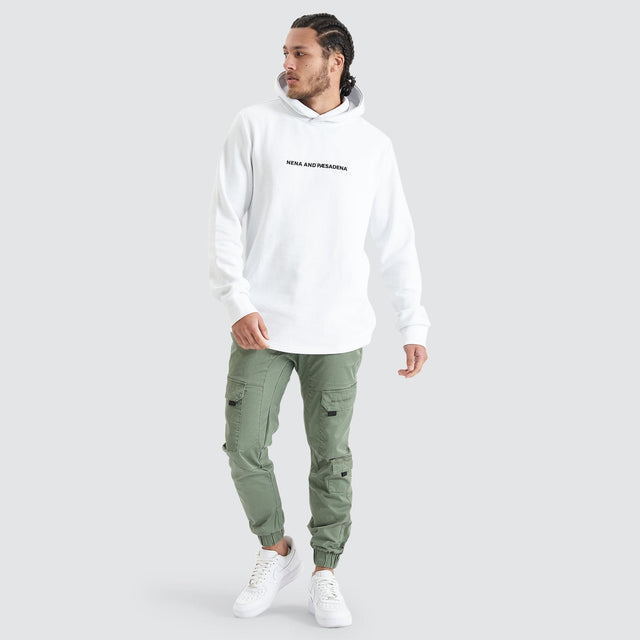 Model Wears Primal Dual Curved Hooded Sweater Optical White Hoodies in White - Image 4