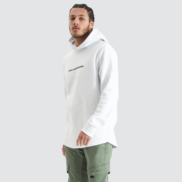 Model Wears Primal Dual Curved Hooded Sweater Optical White Hoodies in White - Image 5