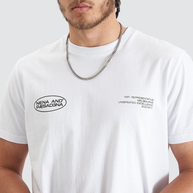 Model Wears Project Dual Curved Tee Optical White T-Shirts in White - Image 3