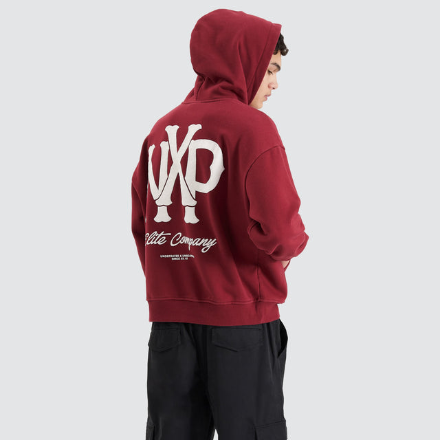 Model Wears Pursuits Heavy Box Fit Hooded Sweater Cabernet Hoodies in Red - Image 5