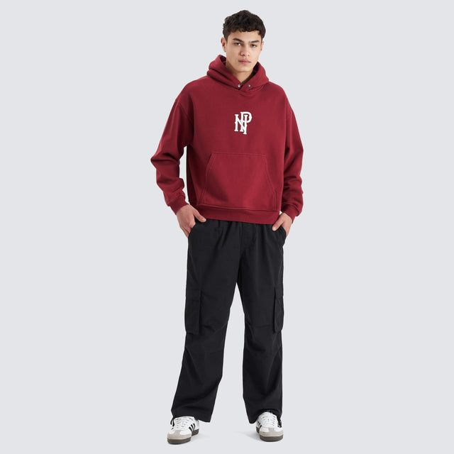 Model Wears Pursuits Heavy Box Fit Hooded Sweater Cabernet Hoodies in Red - Image 4