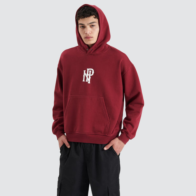Model Wears Pursuits Heavy Box Fit Hooded Sweater Cabernet Hoodies in Red - Image 6