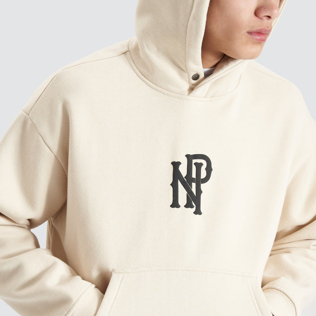 Model Wears Pursuits Heavy Box Fit Hooded Sweater Oatmeal Hoodies in Off-White - Image 4