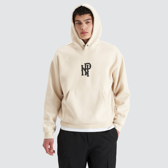 Model Wears Pursuits Heavy Box Fit Hooded Sweater Oatmeal Hoodies in Off-White - Image 3