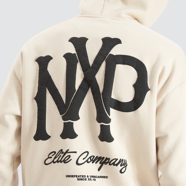 Model Wears Pursuits Heavy Box Fit Hooded Sweater Oatmeal Hoodies in Off-White - Image 7