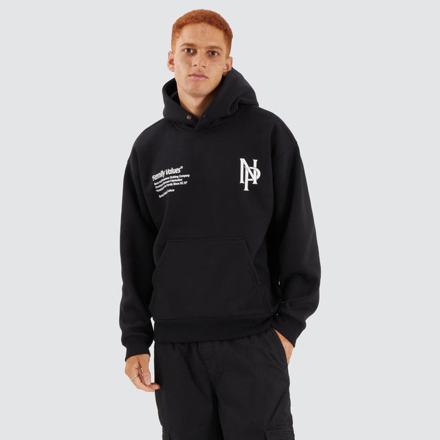 Model Wears Radian Box Fit Hoodie Jet Black Hoodies in Black - Image 2