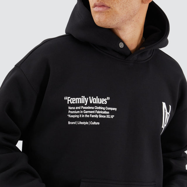 Model Wears Radian Box Fit Hoodie Jet Black Hoodies in Black - Image 3