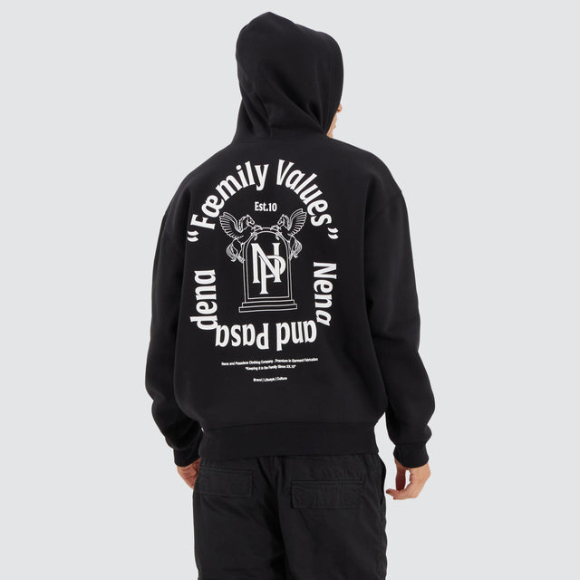Model Wears Radian Box Fit Hoodie Jet Black Hoodies in Black - Image 1