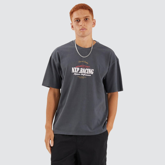 Model Wears Rein Box Fit Tee Pigment Asphalt T-Shirts in Grey - Image 2