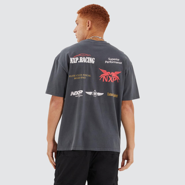 Model Wears Rein Box Fit Tee Pigment Asphalt T-Shirts in Grey - Image 1