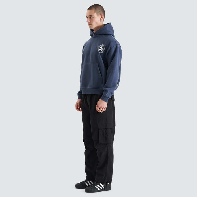 Model Wears Spatial Heavy Box Fit Hoodie Spellbound Hoodies in Blue - Image 6