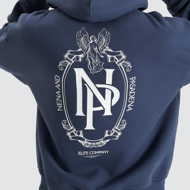 Model Wears Spatial Heavy Box Fit Hoodie Spellbound Hoodies in Blue - Image 5