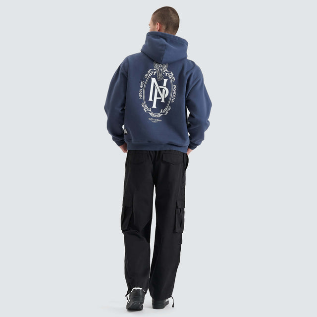 Model Wears Spatial Heavy Box Fit Hoodie Spellbound Hoodies in Blue - Image 4