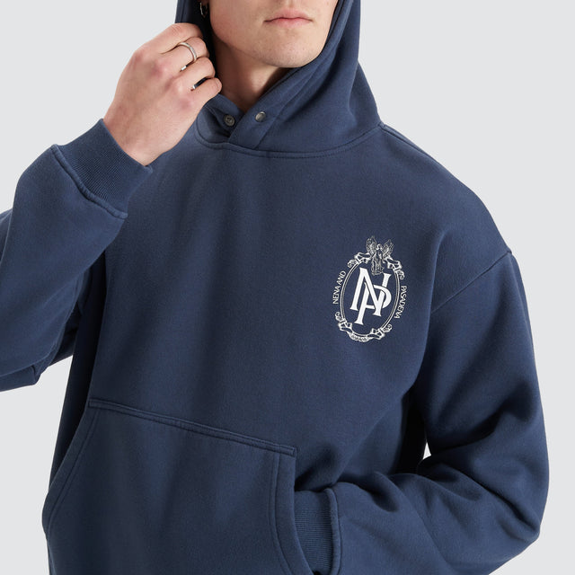 Model Wears Spatial Heavy Box Fit Hoodie Spellbound Hoodies in Blue - Image 2