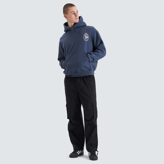 Model Wears Spatial Heavy Box Fit Hoodie Spellbound Hoodies in Blue - Image 3