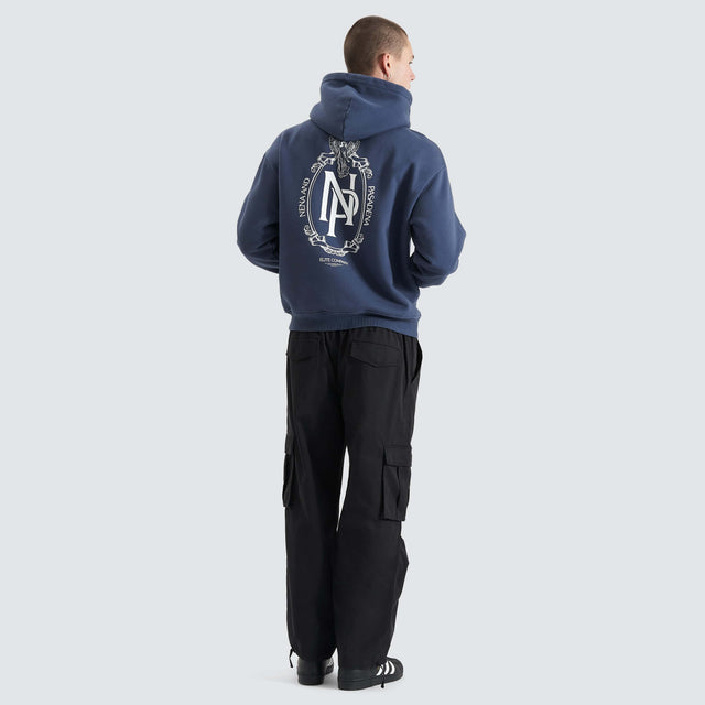 Model Wears Spatial Heavy Box Fit Hoodie Spellbound Hoodies in Blue - Image 7