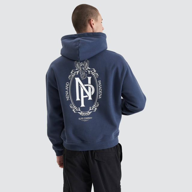 Model Wears Spatial Heavy Box Fit Hoodie Spellbound Hoodies in Blue - Image 1