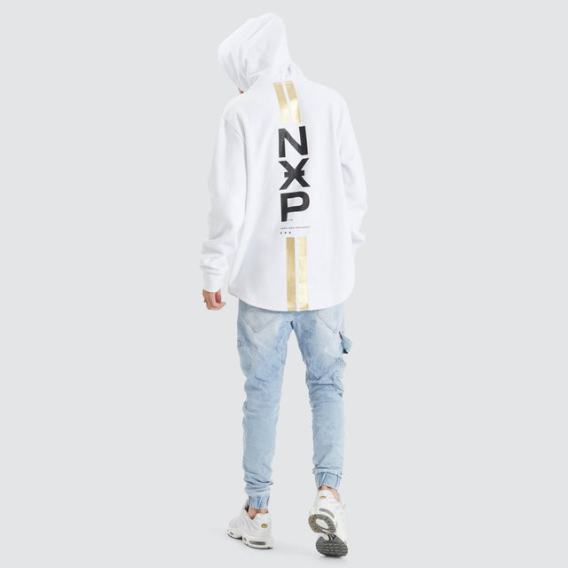 Model Wears Styche Dual Curved Hoodie Optical White Hoodies in White - Image 6