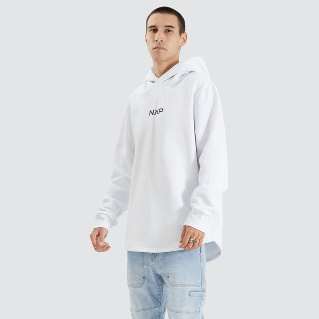 Model Wears Styche Dual Curved Hoodie Optical White Hoodies in White - Image 5