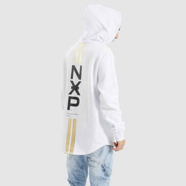 Model Wears Styche Dual Curved Hoodie Optical White Hoodies in White - Image 1