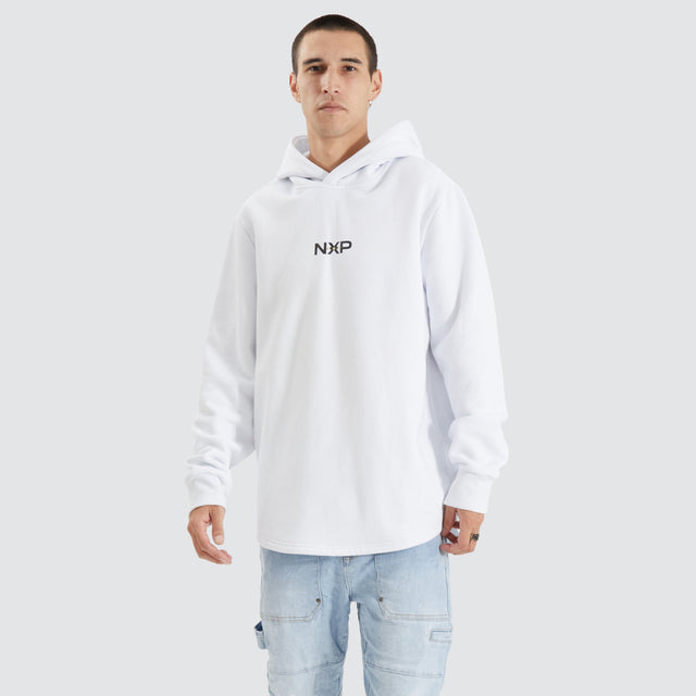 Model Wears Styche Dual Curved Hoodie Optical White Hoodies in White - Image 2