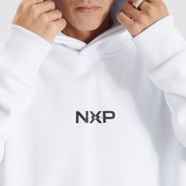 Model Wears Styche Dual Curved Hoodie Optical White Hoodies in White - Image 3