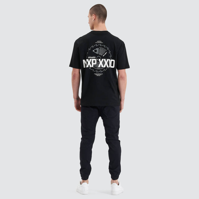 Model Wears Superstructure Heavy Box Fit Tee Jet Black T-Shirts in Black - Image 4