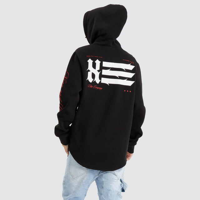 Model Wears Sutton Hooded Dual Curved Sweater Jet Black Hoodies in Black - Image 6