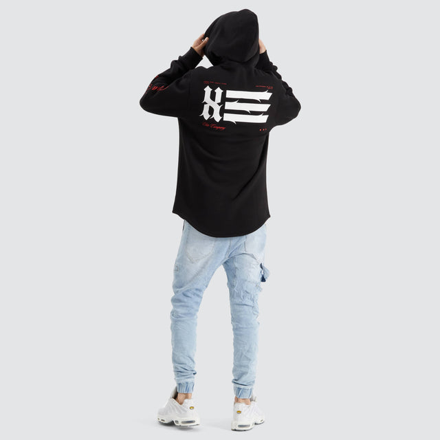 Model Wears Sutton Hooded Dual Curved Sweater Jet Black Hoodies in Black - Image 2