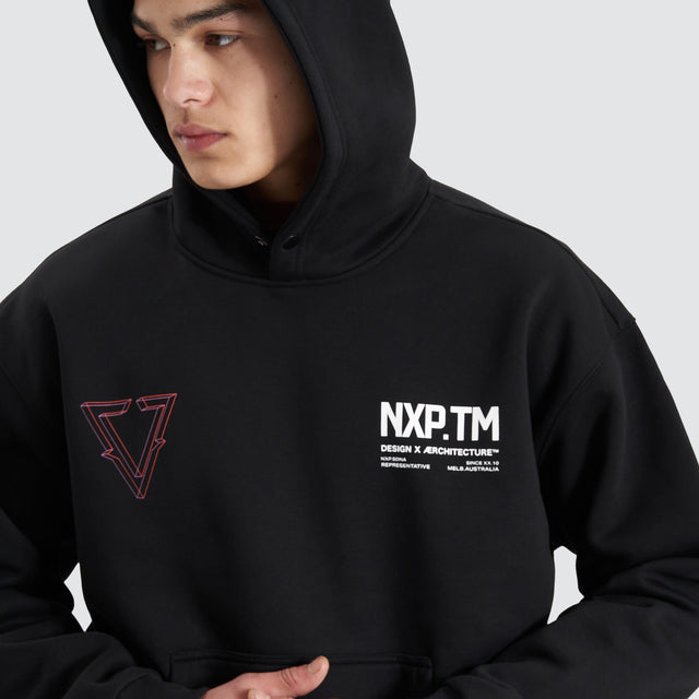 Model Wears The Shard Heavy Box Fit Hooded Sweater Jet Black Hoodies in Black - Image 3