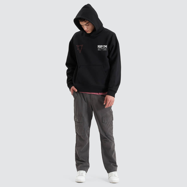Model Wears The Shard Heavy Box Fit Hooded Sweater Jet Black Hoodies in Black - Image 4
