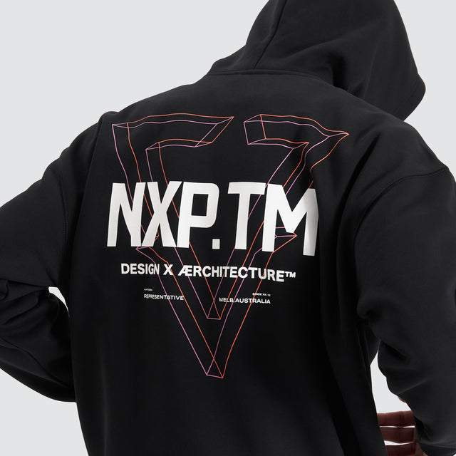 Model Wears The Shard Heavy Box Fit Hooded Sweater Jet Black Hoodies in Black - Image 5