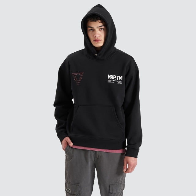 Model Wears The Shard Heavy Box Fit Hooded Sweater Jet Black Hoodies in Black - Image 6