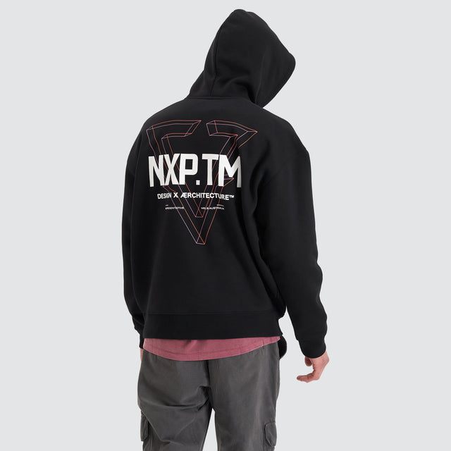 Model Wears The Shard Heavy Box Fit Hooded Sweater Jet Black Hoodies in Black - Image 1