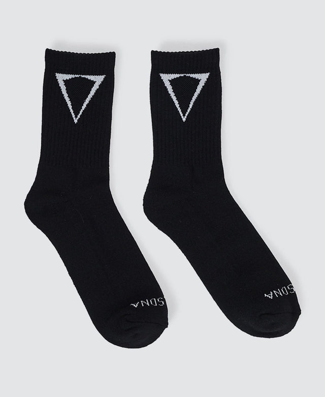 Model Wears Triple 2PK Mid Socks Black Socks in Black - Image 1
