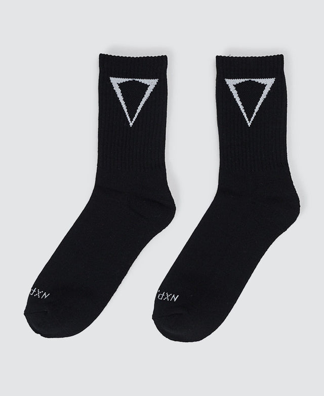 Model Wears Triple 2PK Mid Socks Black Socks in Black - Image 2