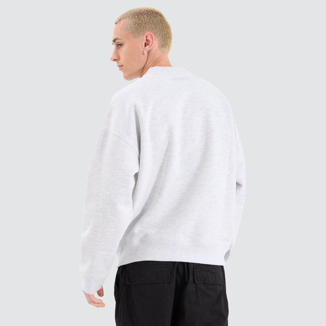 Model Wears Tulsa Box Fit Sweater Snow Marle Jumpers in White - Image 2