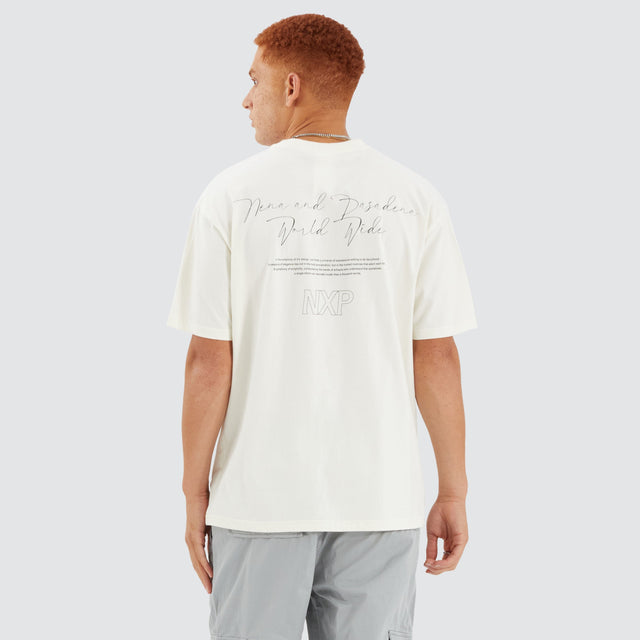 Model Wears Union Box Fit Tee Natural White T-Shirts in White - Image 1
