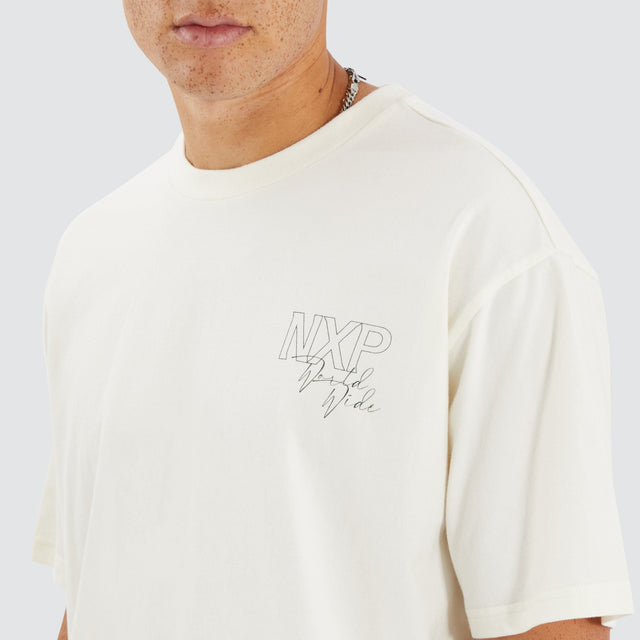 Model Wears Union Box Fit Tee Natural White T-Shirts in White - Image 3