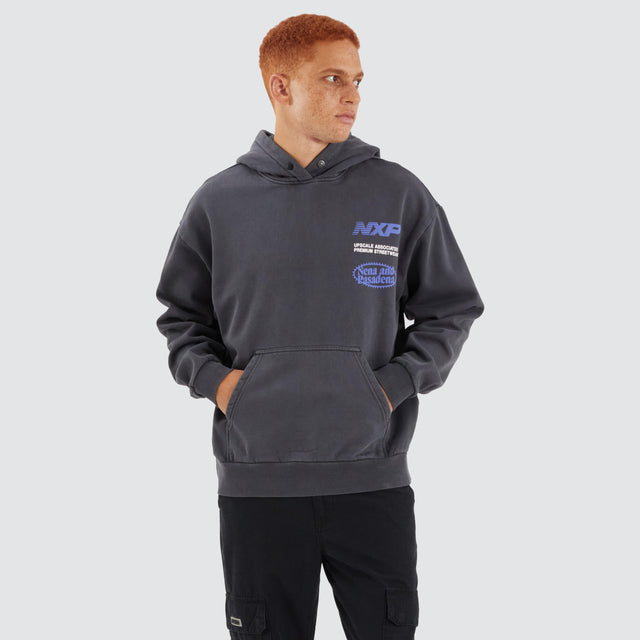Model Wears Upscale Box Fit Hoodie Pigment Asphalt Hoodies in Grey - Image 6