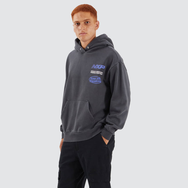 Model Wears Upscale Box Fit Hoodie Pigment Asphalt Hoodies in Grey - Image 2