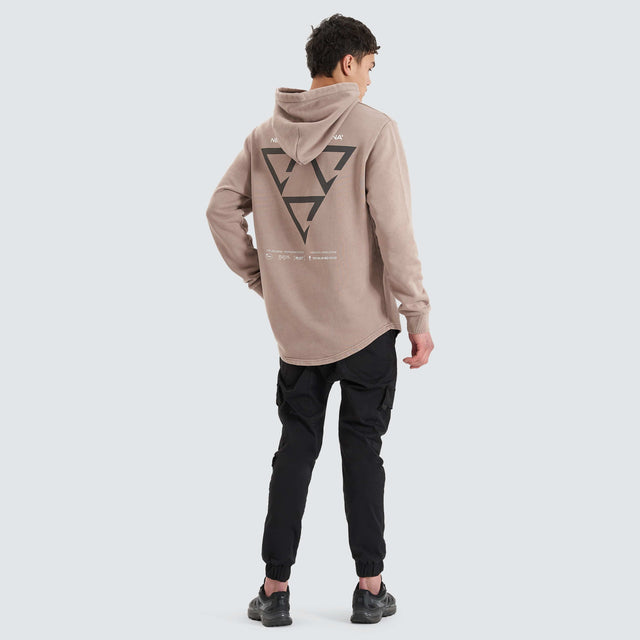 Model Wears Void Hooded Dual Curved Sweater Pigment Bark Hoodies in Brown - Image 5
