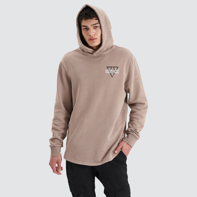 Model Wears Void Hooded Dual Curved Sweater Pigment Bark Hoodies in Brown - Image 3