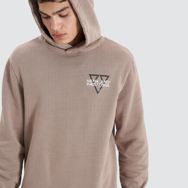 Model Wears Void Hooded Dual Curved Sweater Pigment Bark Hoodies in Brown - Image 4