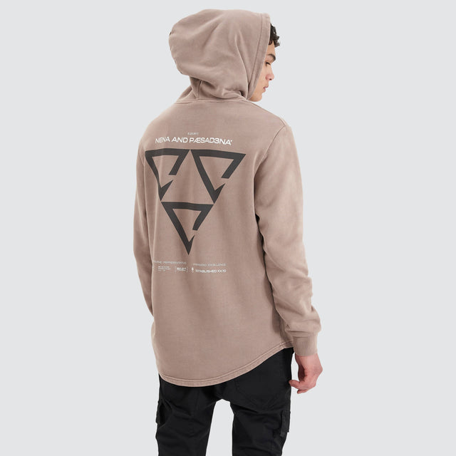 Model Wears Void Hooded Dual Curved Sweater Pigment Bark Hoodies in Brown - Image 1