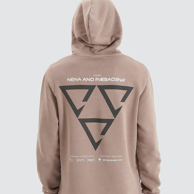 Model Wears Void Hooded Dual Curved Sweater Pigment Bark Hoodies in Brown - Image 2