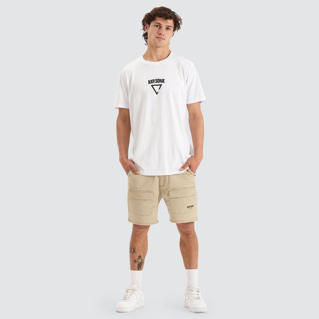 Model Wears Vulture Cape Back T-Shirt White T-Shirts in White - Image 3