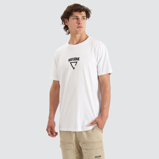 Model Wears Vulture Cape Back T-Shirt White T-Shirts in White - Image 1