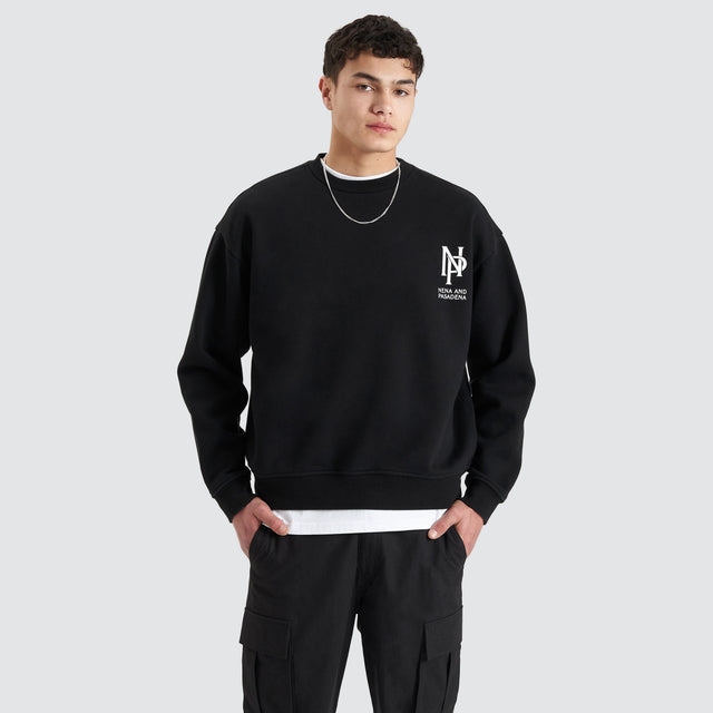 Model Wears Wright Heavy Box Fit Sweater Jet Black Jumpers in Black - Image 2