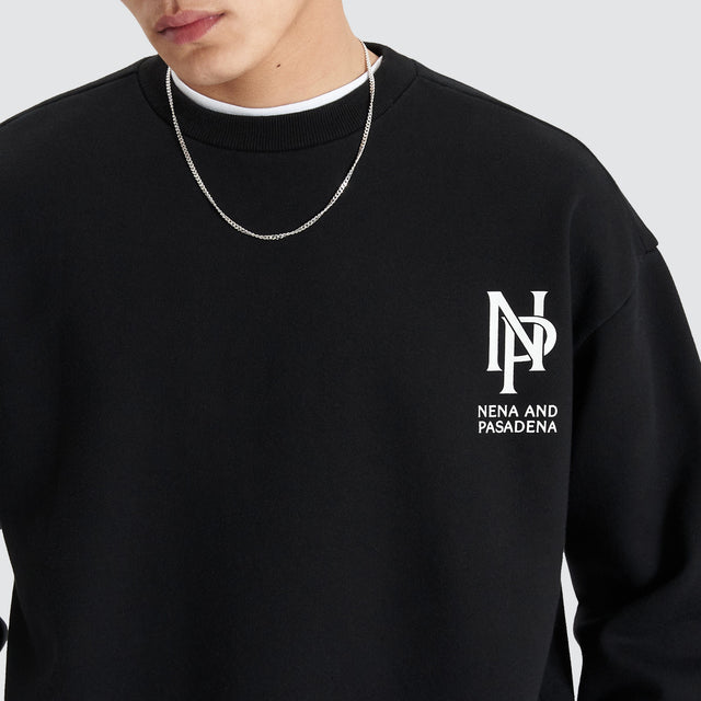 Model Wears Wright Heavy Box Fit Sweater Jet Black Jumpers in Black - Image 6